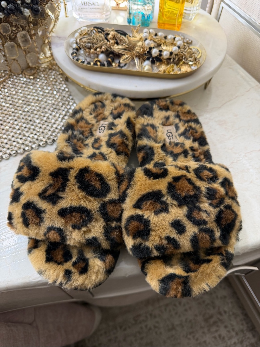 UGG Leopard Faux-Fur Slide Slippers in Brown and Black